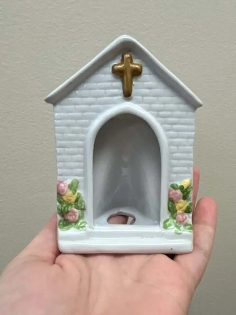 Vintage Ceramic Church Picture Pocket or Votive Holder with Floral Accents